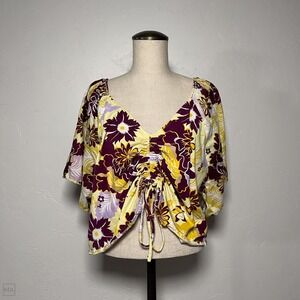Maeve By Anthropologie Women's Floral Top Flutter Sleeve 3X Butter Yellow/Purple